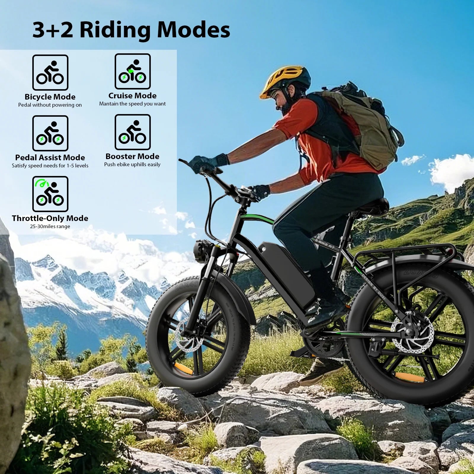Electric Bike, Peak 1000W Electric Bicycles for Adults, 20X4.0" Fat Tire Ebike, 48V/13AH Battery, 25MPH E-Mountain Bike for Cycling & Off-Road, 7-Speed Front Suspension Ebike for Adults UL2849