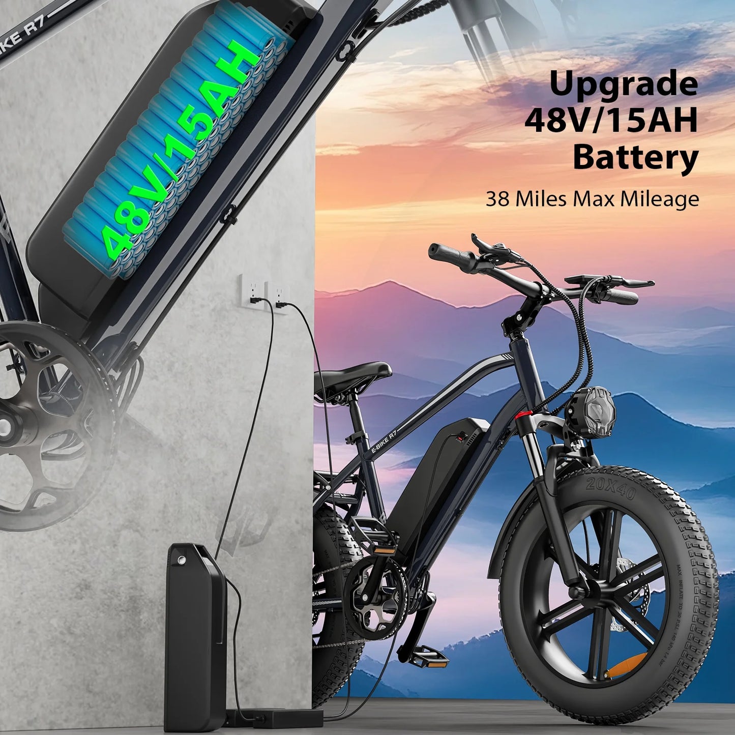 Electric Bike, Peak 1000W Electric Bicycles for Adults, 20X4.0" Fat Tire Ebike, 48V/13AH Battery, 25MPH E-Mountain Bike for Cycling & Off-Road, 7-Speed Front Suspension Ebike for Adults UL2849