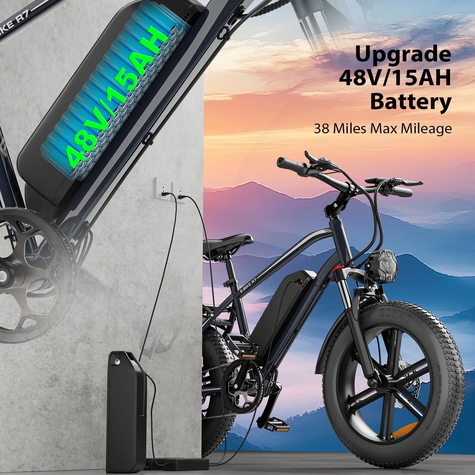 Electric Bike, Peak 1000W Electric Bicycles for Adults, 20X4.0" Fat Tire Ebike, 48V/13AH Battery, 25MPH E-Mountain Bike for Cycling & Off-Road, 7-Speed Front Suspension Ebike for Adults UL2849
