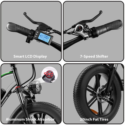 Electric Bike, Peak 1000W Electric Bicycles for Adults, 20X4.0" Fat Tire Ebike, 48V/13AH Battery, 25MPH E-Mountain Bike for Cycling & Off-Road, 7-Speed Front Suspension Ebike for Adults UL2849