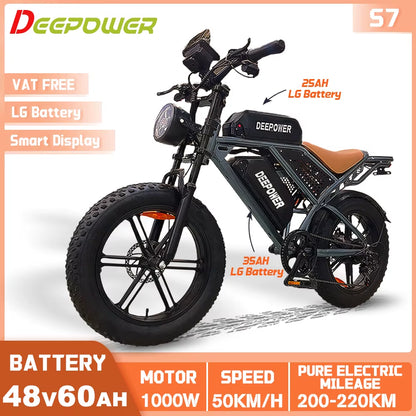 S7 Off-Road Electric Bike for 1000W Motor Adults Mountain Ebike with 48V 60AH LG Battery All-Terrain Motorcycle Style