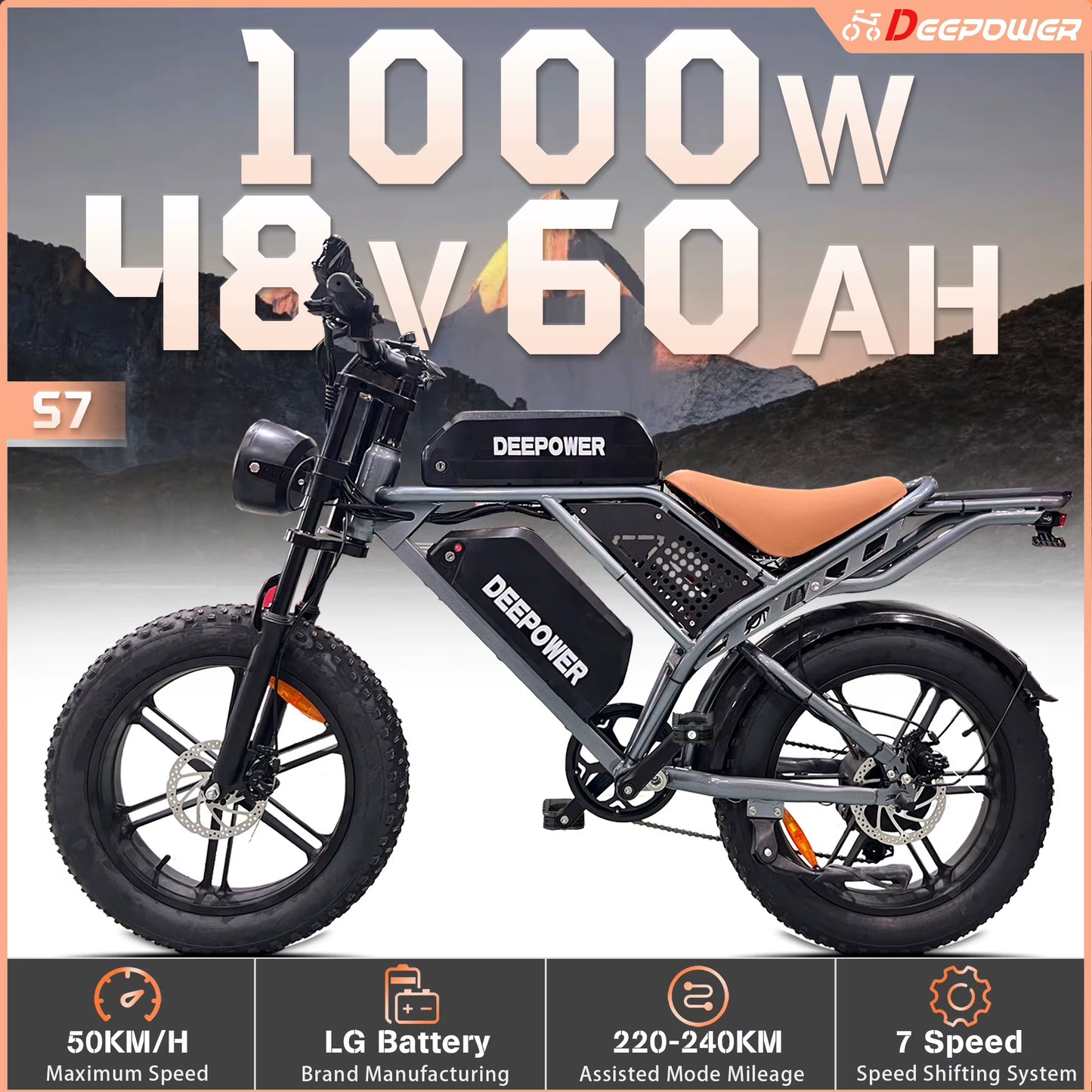 S7 Off-Road Electric Bike for 1000W Motor Adults Mountain Ebike with 48V 60AH LG Battery All-Terrain Motorcycle Style