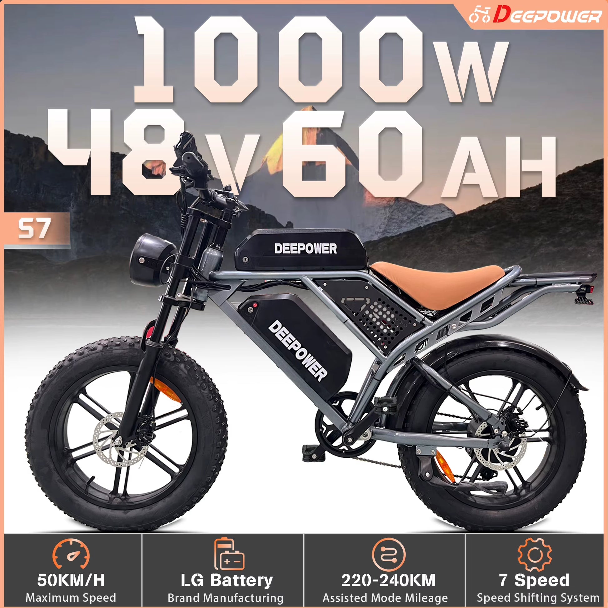 S7 Off-Road Electric Bike for 1000W Motor Adults Mountain Ebike with 48V 60AH LG Battery All-Terrain Motorcycle Style